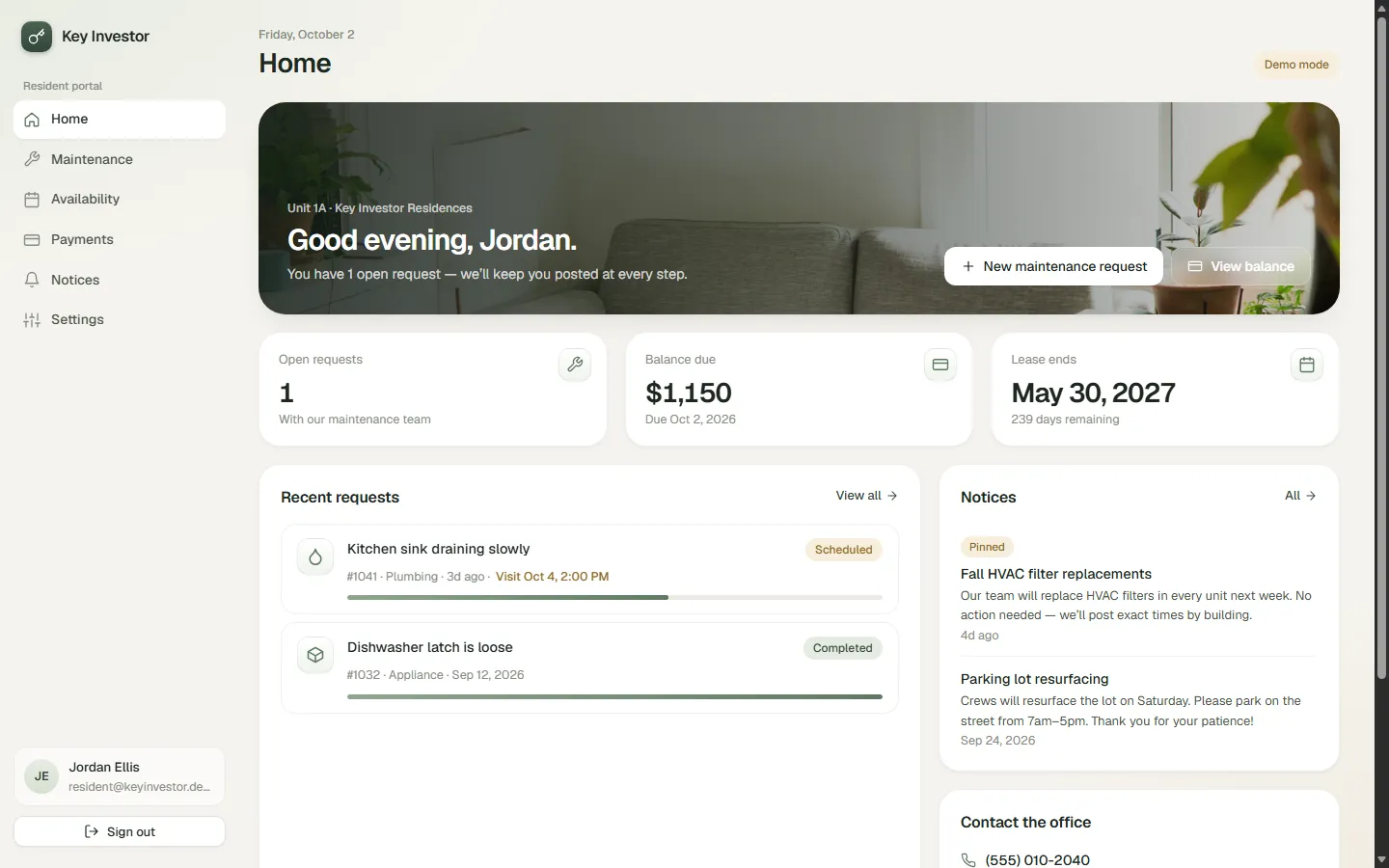 Key Investor resident portal home screen
